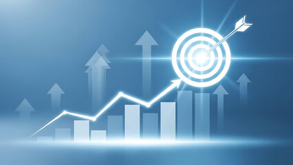 Business growth chart with target and arrow on blue background