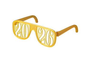 Happy new year 2026 glasses isolated on transparent background. Eyeglasses golden 2026 number