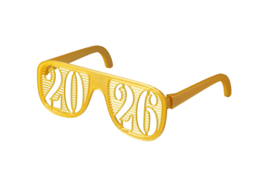 Happy new year 2026 glasses isolated on transparent background. Eyeglasses golden 2026 number