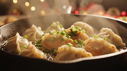 Close-up of traditional Japanese Gyoza dumplings sizzling and steaming in a cast iron pan, sprinkled with chopped green onions, perfect for cooking shows and restaurant promotions. - Powered by Adobe