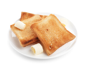 Slices of toasted bread with butter isolated on white