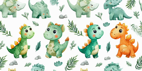 Obraz premium Dino Delight: Prehistoric Playtime Pattern, ai generated.