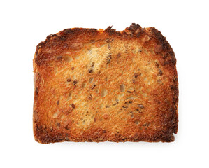 Slice of toasted bread with seeds isolated on white, top view