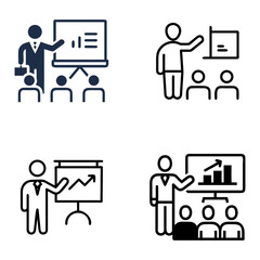 Four outline icons depict a person presenting to an audience. Each icon features a figure pointing