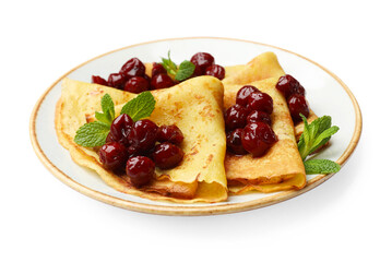 Delicious crepes served with cherry jam isolated on white