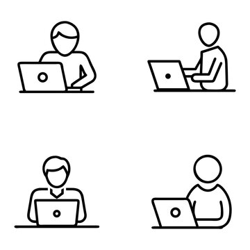 Four simple black outline icons depict people using laptops. Each icon showcases a person in a different