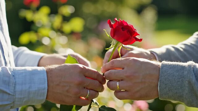 Two people exchanging a red rose in a garden, symbolizing love and affection.