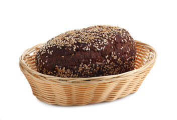 Delicious fresh rye bread with sesame seeds in basket isolated on white