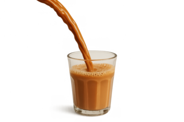 Masala chai pouring into a glass, creating warm beverage splash and froth on transparent background