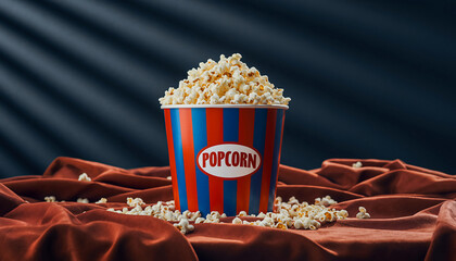 Red and blue striped popcorn bucket overflowing with popcorn snack movie