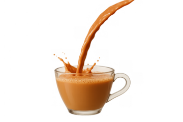 Milk tea pouring into clear glass cup creating splash, hot beverage stream, on transparent background