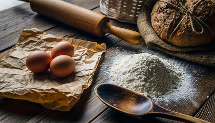 Rustic baking ingredients eggs flour bread rolling pin wooden table image