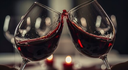 Two elegant wine glasses clinking in a romantic toast, celebrating a special occasion with red wine.