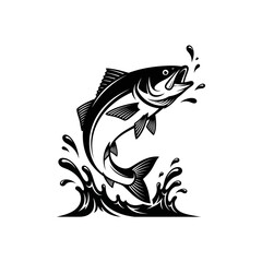 Black and white vector illustration of a jumping fish splashing water, isolated on white background