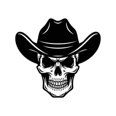 Black and white graphic illustration of a menacing skull wearing a widebrimmed cowboy hat, isolated on white background