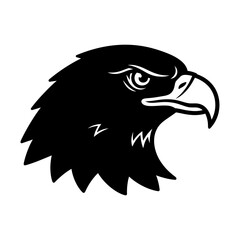 Black silhouette head of an aggressive eagle or hawk facing right, isolated on white background