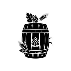 Black and white silhouette logo of a wooden beer barrel adorned with hop cones and wheat ears, isolated on white background
