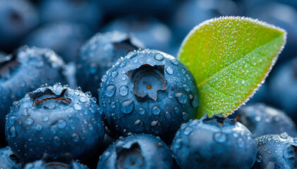 Close up of fresh blueberries with water droplets and a green leaf blueberry fruit