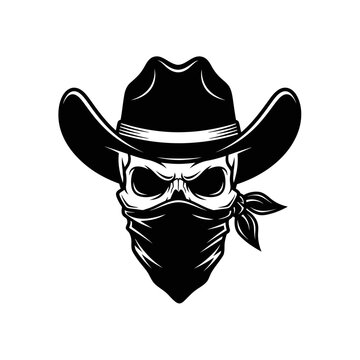 Black and white illustration of a menacing cowboy skull wearing a widebrimmed hat and a bandana over its face, isolated on white background