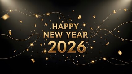 Elegant Happy New Year 2026 background with 3D golden numbers, sparkling confetti, and bokeh lights on a dark background. Perfect for holiday cards, banners, and social media posts