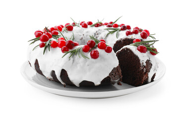 Tasty Christmas cake with cranberries and rosemary isolated on white