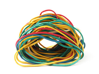 Many colorful rubber bands isolated on white