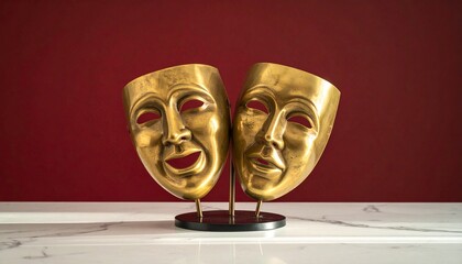 Pair of Antique Comedy and Tragedy Masks Displayed on a Stand