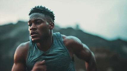 Black athlete running outdoors during health day, showcasing motion and determination against a scenic backdrop of mountains and nature