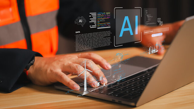 Engineer hands typing on laptop with digital AI hologram. Artificial intelligence technology for smart industrial manufacturing and future coding data analysis innovation concept.
