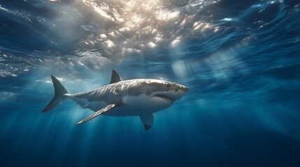 Fototapeta premium Majestic great white shark swimming gracefully in the deep blue ocean, with sun rays piercing through the vibrant water surface, showcasing its powerful presence.