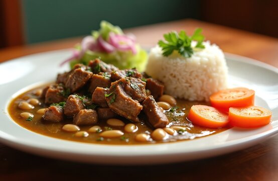 Traditional Peruvian seco de carne with frejoles presented. Hearty beef, white bean stew served with fluffy white rice. Fresh green parsley garnishes rich dish. Crisp side salad, sliced tomatoes