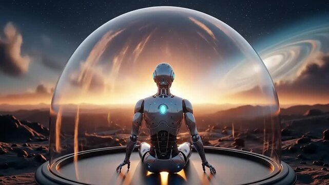 Futuristic Robot Meditating Inside a Protective Dome Under a Cosmic Sunset.