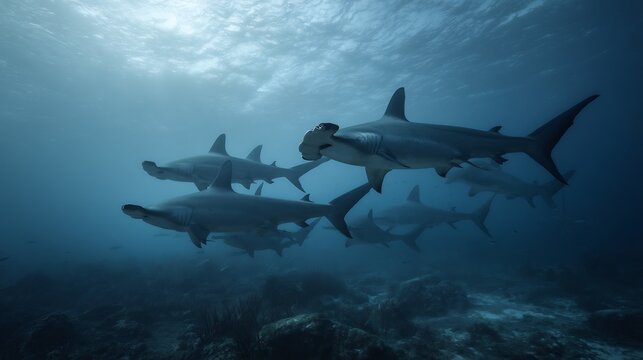 Majestic school of hammerhead sharks gracefully navigating the deep blue ocean, sun rays filtering through water, showcasing dynamic marine life and stunning natural beauty.