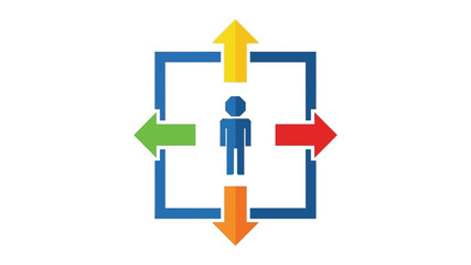 A person within a square of four arrows pointing in different directions representing choices