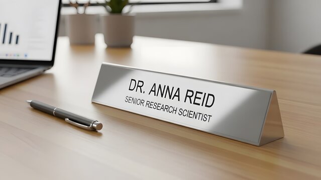 Desk scene with laptop, pen, and nameplate for dr anna reid, senior research scientist visible