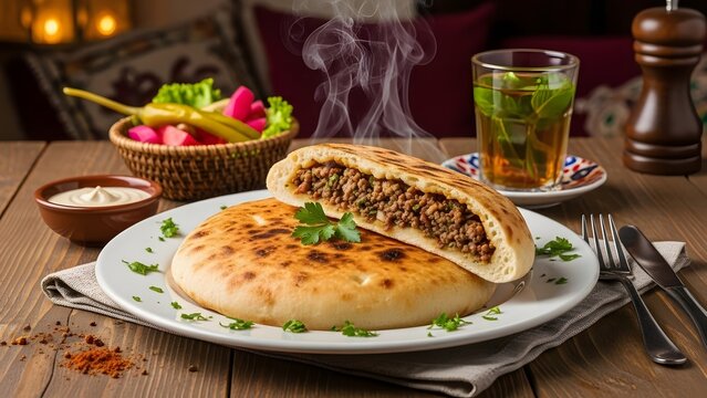 A plate of aish el lahma with a glass of tea and a bowl of sauce on a wooden table surface view