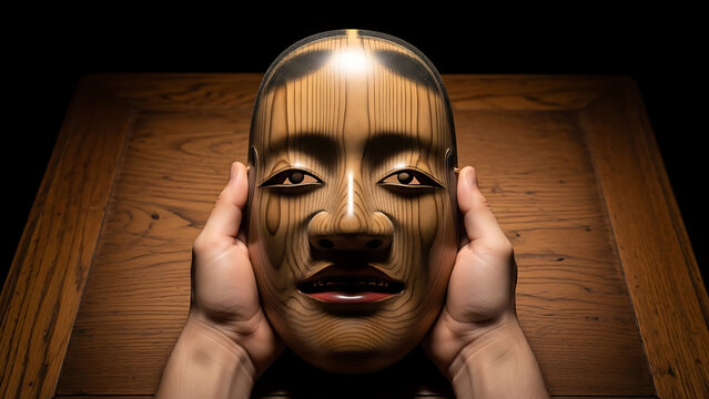 Traditional Japanese Noh Mask Being Held, Close-Up Cultural Art
