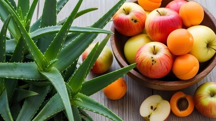 Fresh aloe vera plant with vibrant red and yellow apples and orange apricots in a rustic wooden bowl and on a light wooden surface, symbolizing natural health.
