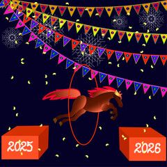  A fiery horse jumps from one pedestal with the number 2025 to another pedestal with the number 2026