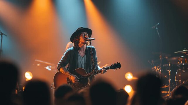 Country singer captivating audience with heartfelt performance during live concert in vibrant lighting at a local venue