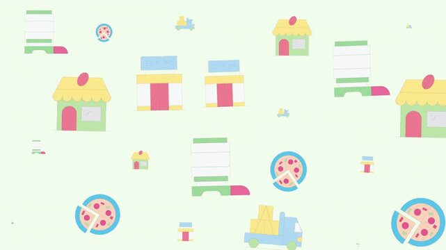Illustration of colorful houses, buildings, and pizza icons on a light background, abstract urban pattern, graphic design, top view, playful concept