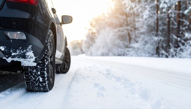 Robust black SUV with winter tires gripping packed snow on a bright, sunlit forest road adventure