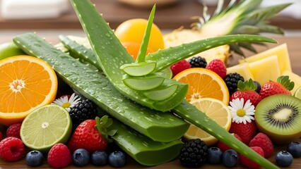 Fresh aloe vera leaves with sliced citrus and berries, symbolizing healthy eating, natural wellness, and organic beauty ingredients on a rustic wooden background.