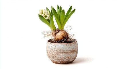 Hyacinth plant in ceramic pot isolated on white for natural decor and botanical visuals.