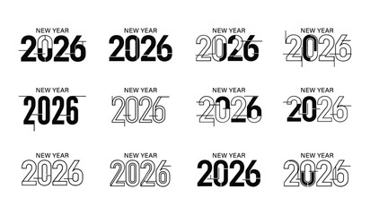 Obraz premium Twelve New Year 2026 Typography Designs with Different Styles and Line Weights Keywords: 2026, new year, typography, design, graphic, text, number, celebration, holiday, event, date, calendar