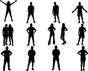 Silhouette people standing in various poses, body language illustration for character design, identity-free human figures for creative visual projects