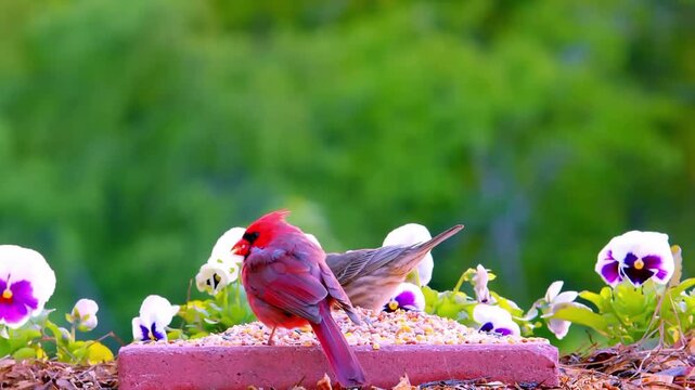 Stunning cardinal and finch feeding together at a bird feeder surrounded by vibrant pansies
