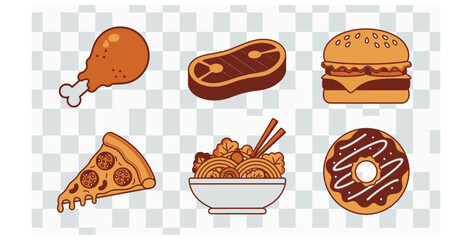 Assortment of fast food items including burger pizza steak donut chicken and noodles