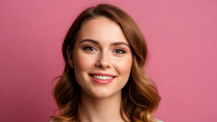 Naklejka premium Close-up portrait of a positive young woman with a genuine smile, engaging the viewer on a cheerful pink studio background.