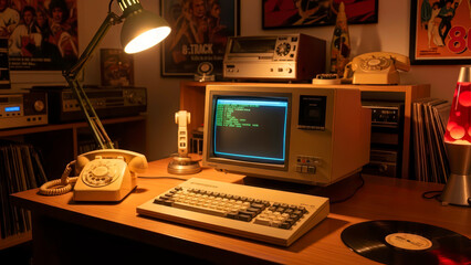 Illuminated vintage computer terminal with CRT screen and keyboard centerpiece, creating a nostalgic retro-themed desk setup with analog electronics and warm glow.